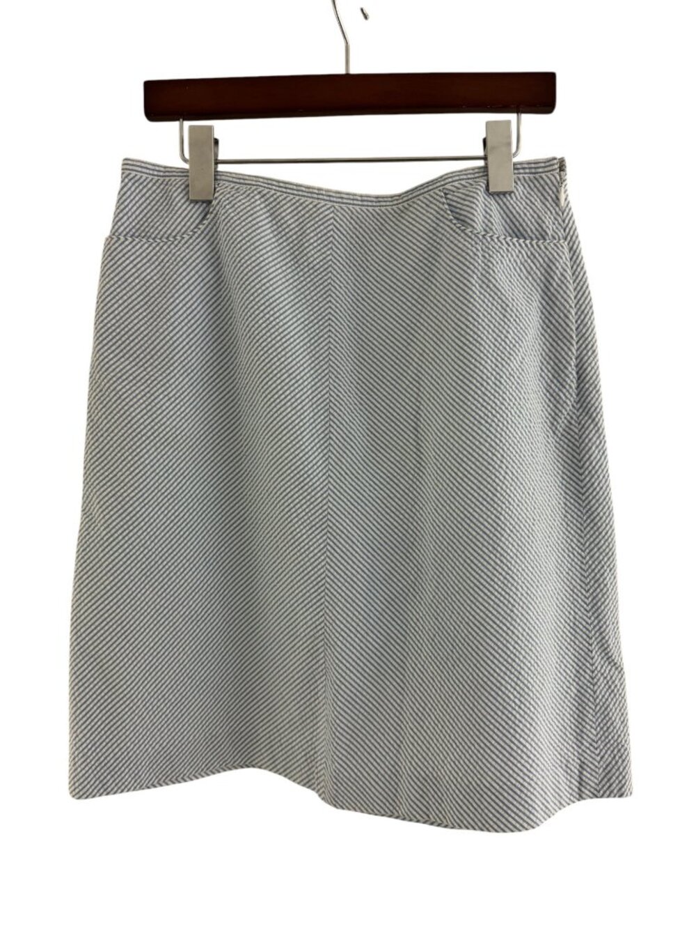 Ann Taylor Blue White Striped Seersucker Skirt Pockets Summer Size 6 Cotton